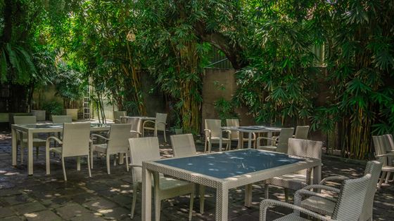 Tables under bamboo and trees in the garden at Colombo Court.