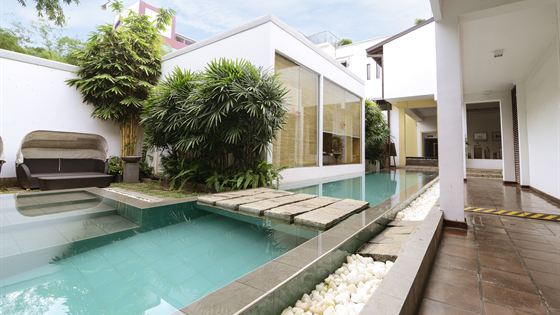 The spa terrace at Colombo Court, a lounger beside the plunge pool under planting.