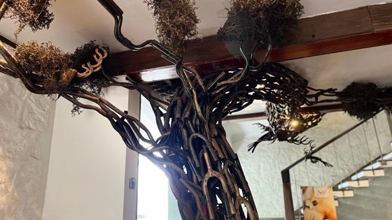 The tree welded from bicycle parts at Colombo Court, its branches spreading across the ceiling with metal birds among them.