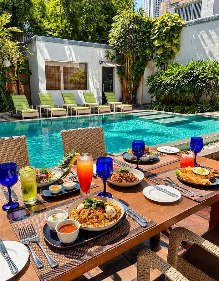 Lunch and cold drinks on a table at the edge of the pool at Amber Poolside, the loungers beyond the water.