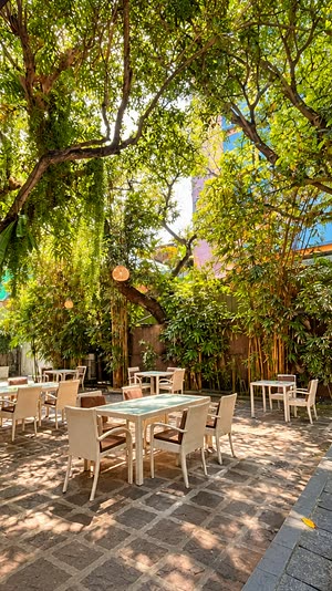 Tables set under the old trees beside the pool at Amber Poolside, dappled light across the stone floor.