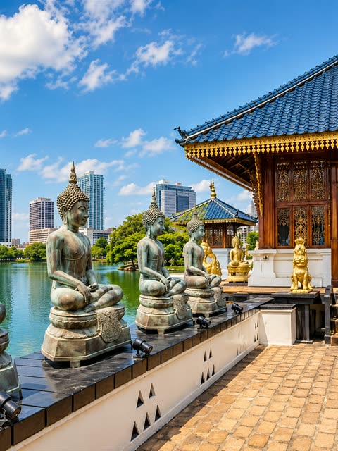 The Buddha statues at the lakeside shrine of Gangaramaya with the Colombo skyline behind them.