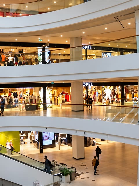 The curved walkways of a multi-level shopping mall in Colombo, shops lit on every floor.