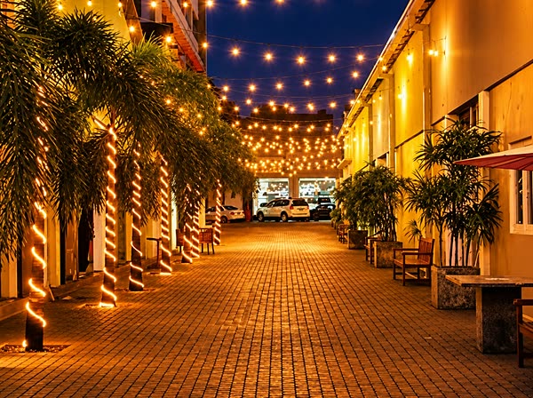 A lane in Colombo strung with lights after dark, palms and shopfronts glowing gold.