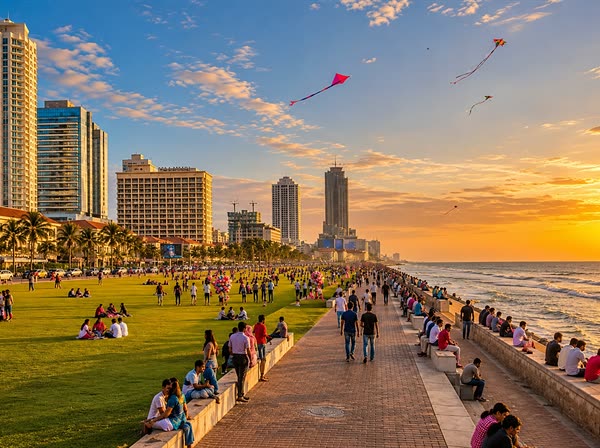 Galle Face Green at golden hour, kites over the lawn and people walking the seafront promenade with the city towers behind.