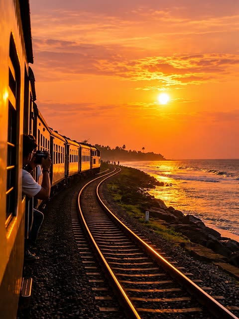 The coastal train running beside the sea at sunset, the sky orange over the water.