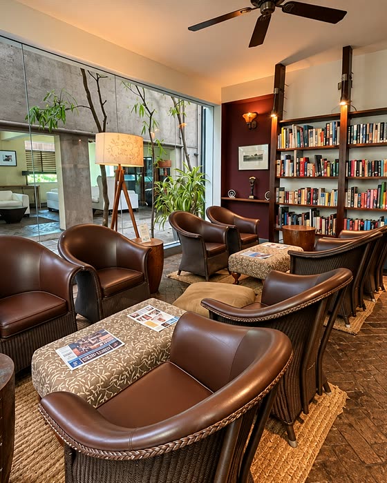 Leather armchairs in the library at Colombo Court beside a wall of books, the garden through the glass.