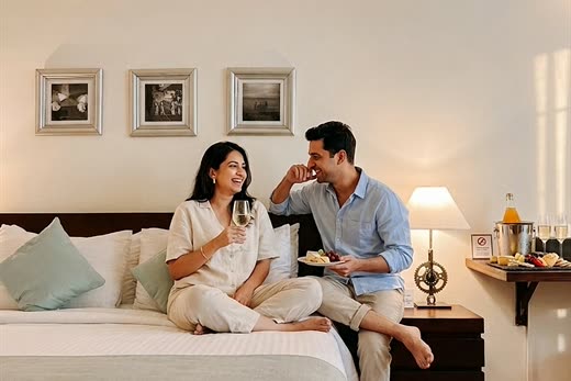 A couple on the bed in a bright room at Colombo Court, framed prints above them and a window of green outside.
