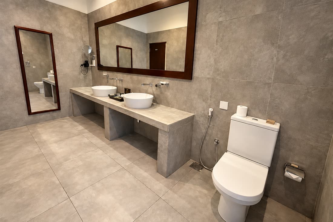 The double vanity in a Deluxe Twin bathroom, two basins on a long stone counter under a timber mirror.