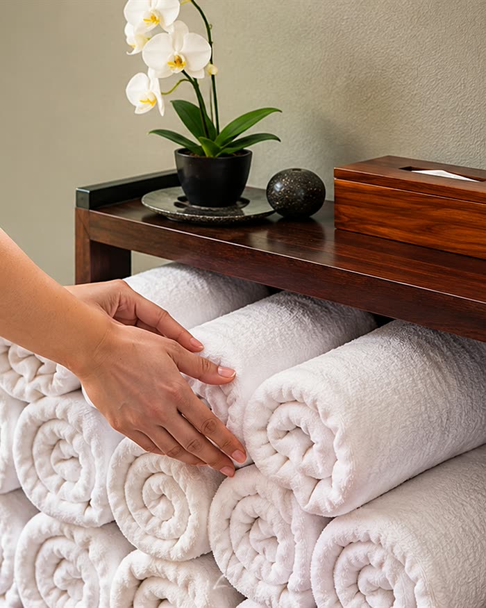 A therapist placing rolled white towels beneath the timber cabinet at The Court Spa, an orchid above.