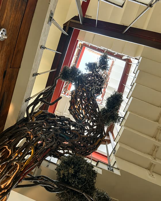 The scrap steel tree at Colombo Court seen from below, its branches reaching up past the stair to the skylight.