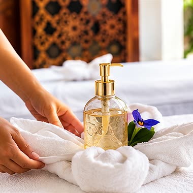 A therapist arranging a folded towel, a bottle of oil and a blue flower on a treatment bed at The Court Spa.