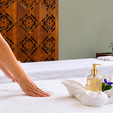 A therapist smoothing the sheet on a treatment bed at The Court Spa.